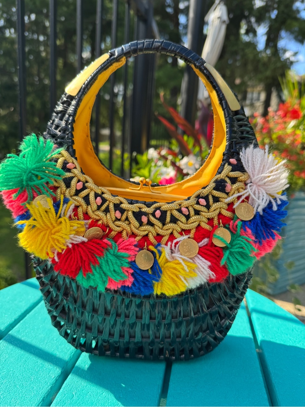 Koret painted wicker tassles and coins 1950’s structured handbag made in Italy